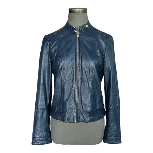 Massimo Dutti Women’s Blue Leather Biker Jacket Zip Front Size M - Picture 3 of 10